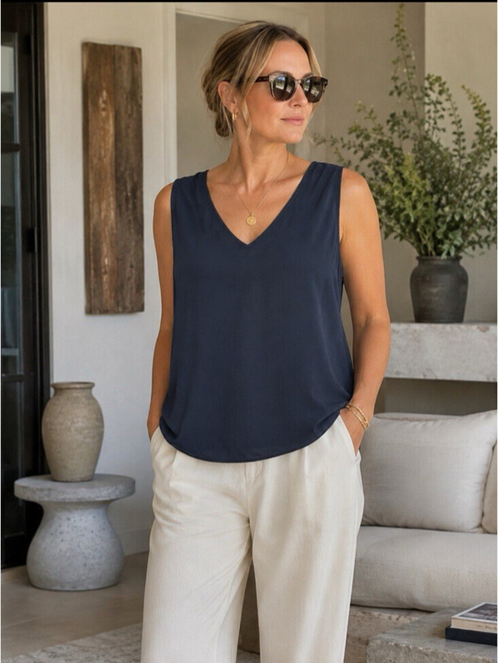 Quince Navy V-Neck Sleeveless Top